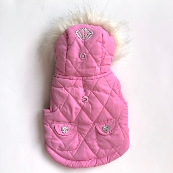 Baby Pink XXS Doggy Puffer Jacket w/Rhinestone Crown & Jewel 💎 Heart Buttons - Picture 5 of 5